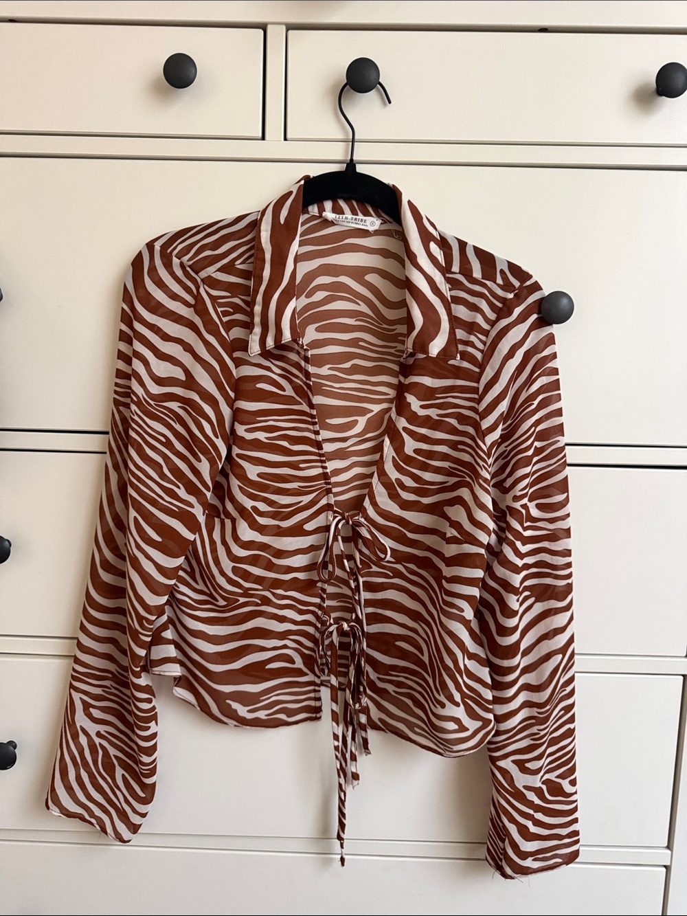 12th Tribe Brown and Cream Zebra-Print Tie-Front shirt